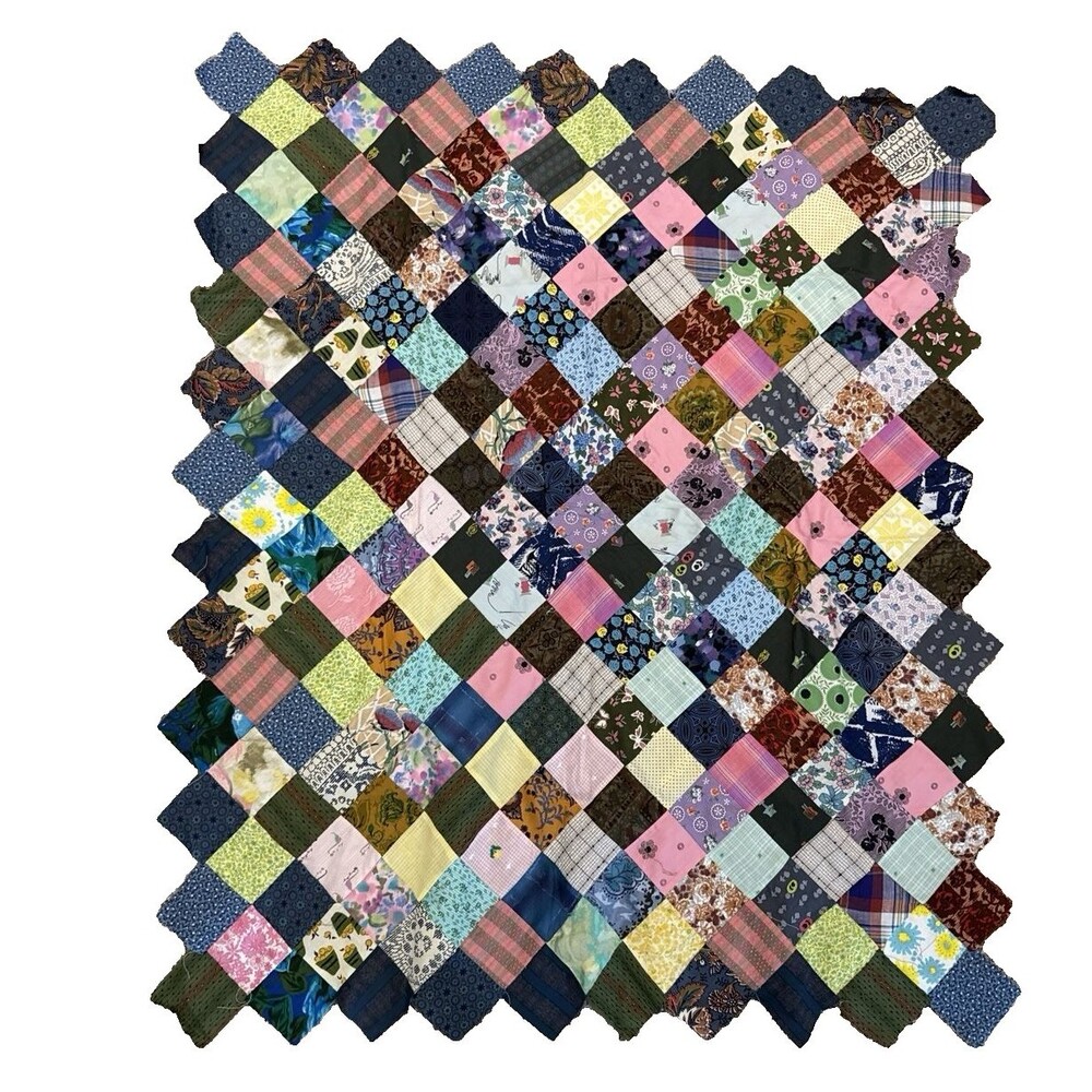 Vintage Patchwork Quilt Top Unfinished Scrap Postage Stamp Diamond Layout 38x44